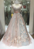 LTP1015,Off the shoulder tulle pleated applique floral beaded long prom evening dresses a-line formal party HZ0307